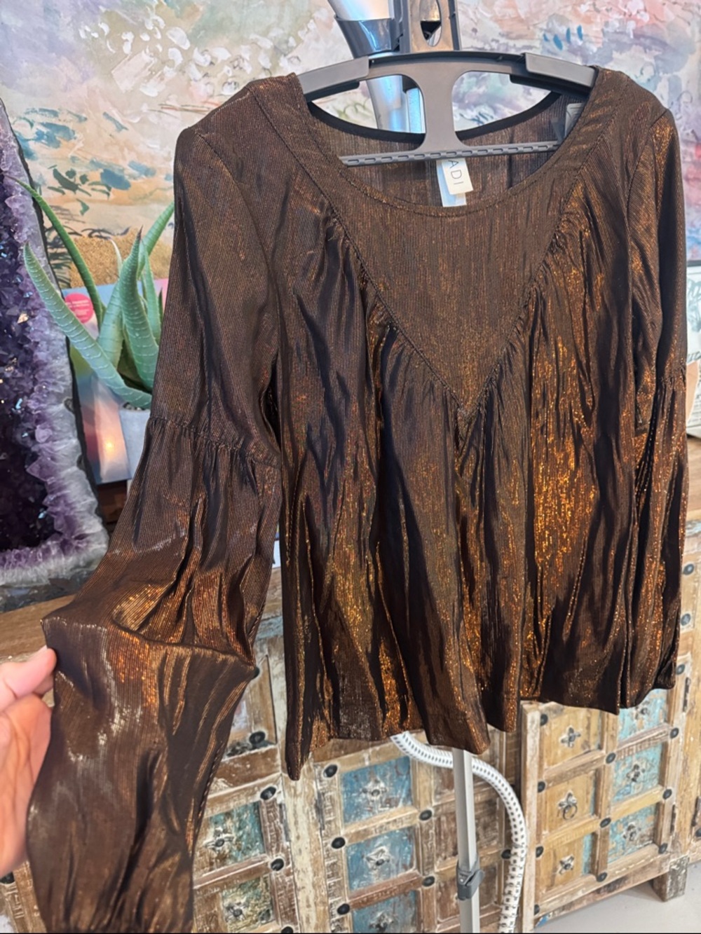AMADI Shimmery Bronze Long-Sleeve Blouse Size M